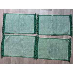 Set Of 4 Basketweave 21" X 13" Placemats With Fringe Trim 100% Cotton Green & Wh